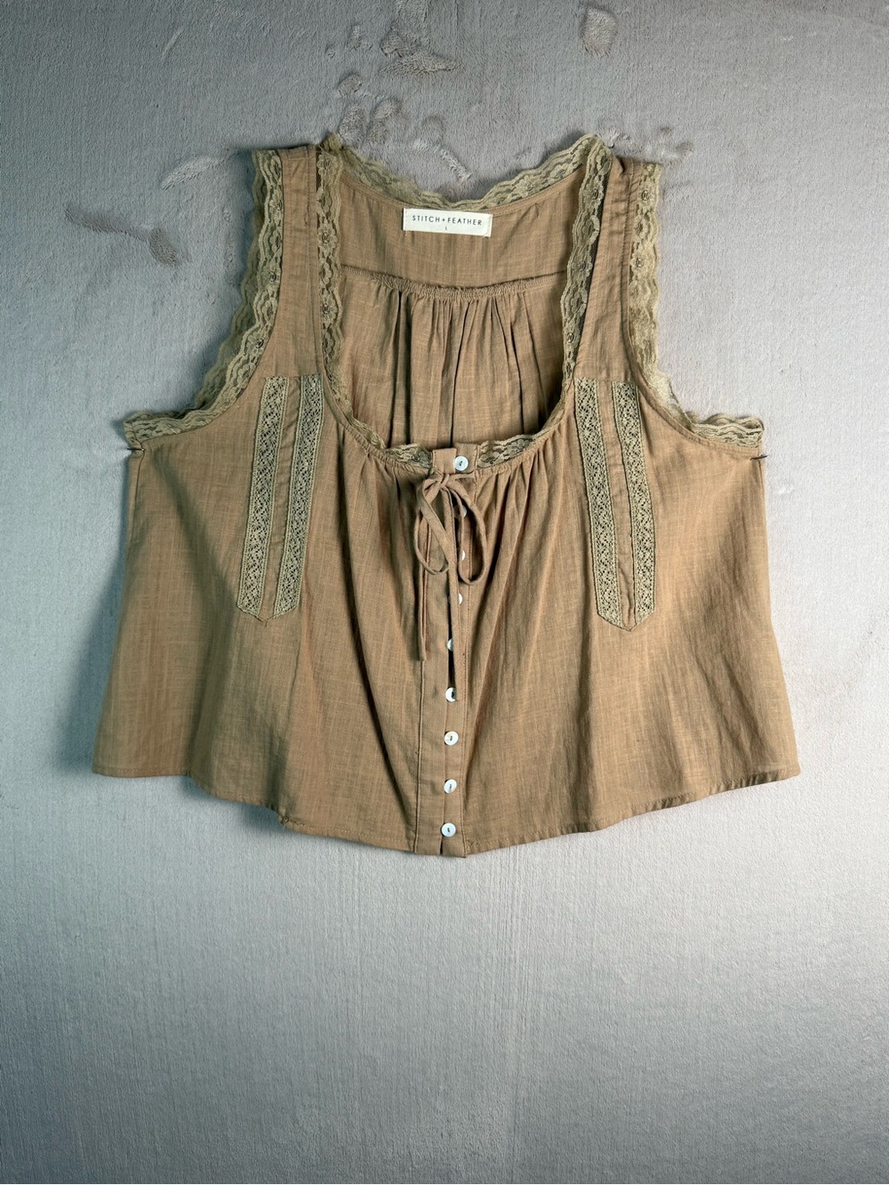 Stitch Feather Boho Lace Trim Tank Top Cotton Cottagecore Beige Large